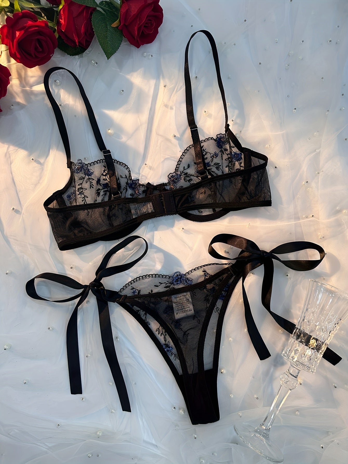 VYNARA - BLACK EMBROIDERED MESH LINGERIE SET