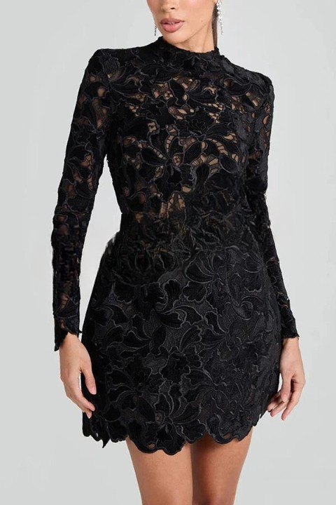 Laila - Embroidered Floral Lace Long Sleeve Belt Tulip Shaped Mini Dress