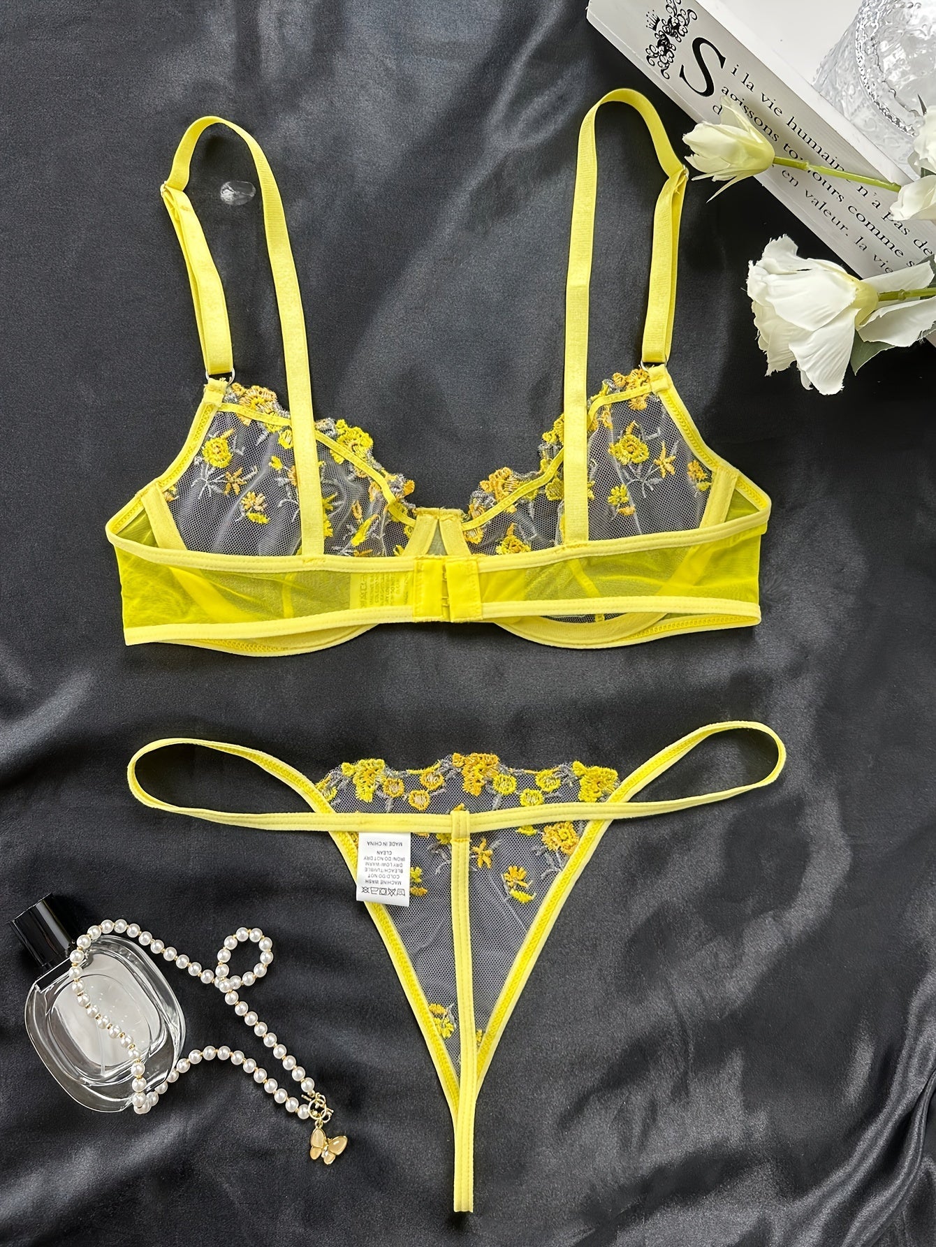 XAVELLE - MESH LINGERIE SET WITH LEAF AND FLOWER EMBROIDERY