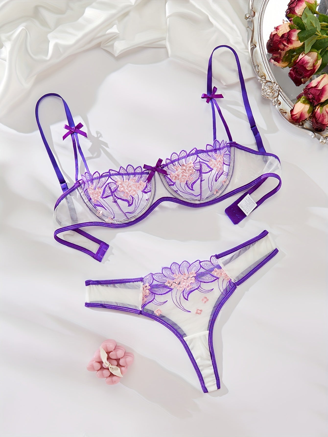 LYVANNA - FLORAL LINGERIE SET WITH PURPLE BOW