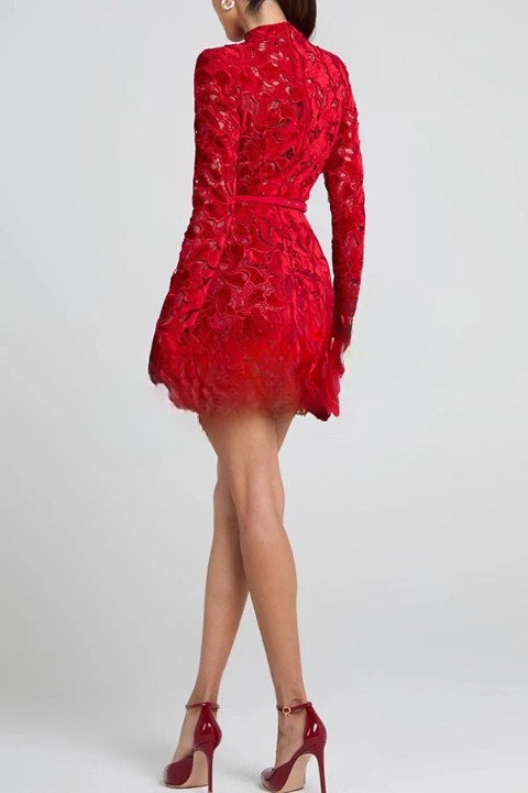 Laila - Embroidered Floral Lace Long Sleeve Belt Tulip Shaped Mini Dress