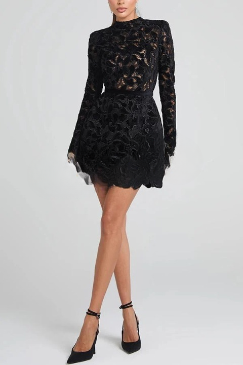 Laila - Embroidered Floral Lace Long Sleeve Belt Tulip Shaped Mini Dress