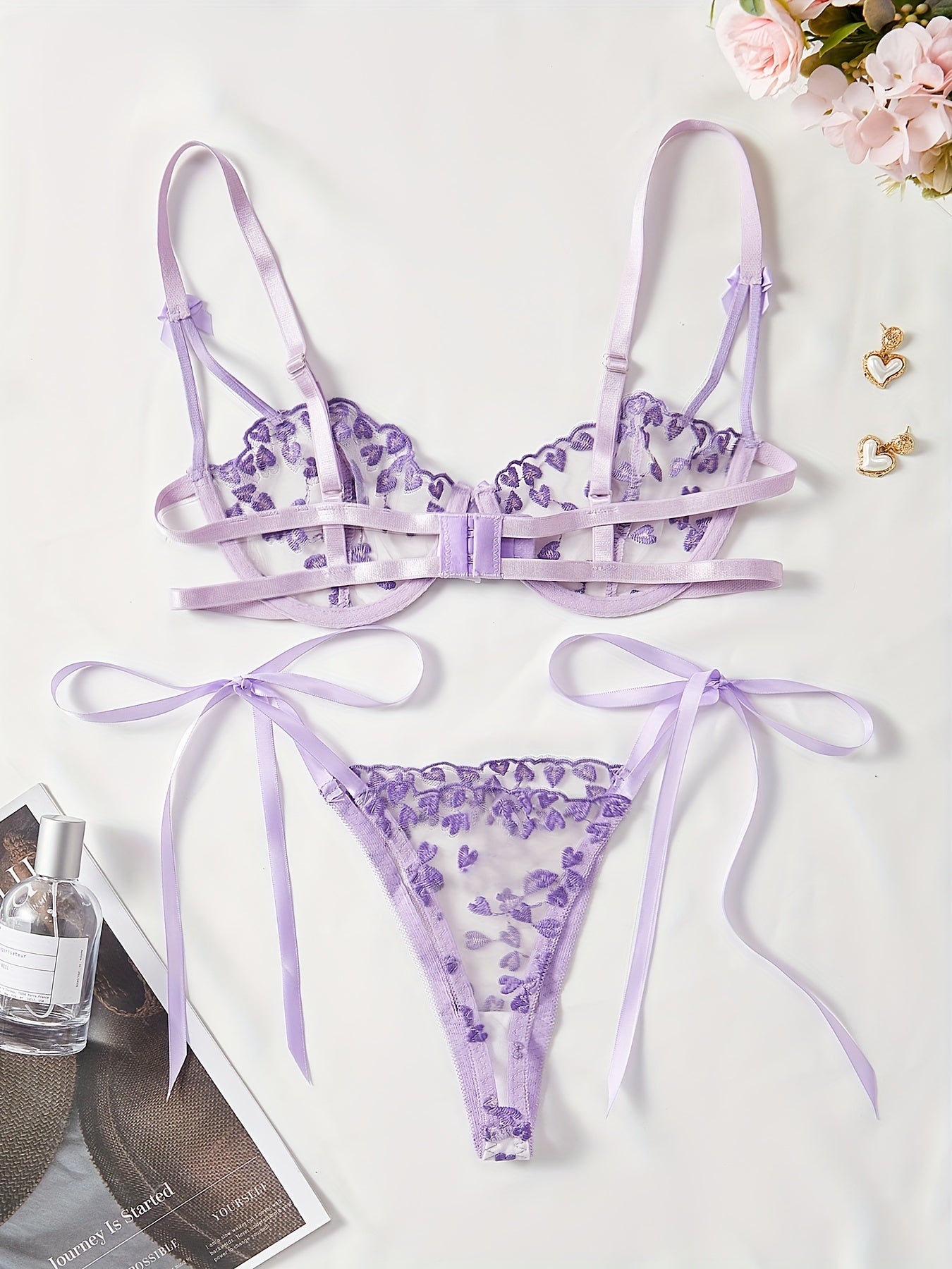 NYXIRA - HEART EMBROIDERED BOW LINGERIE SET