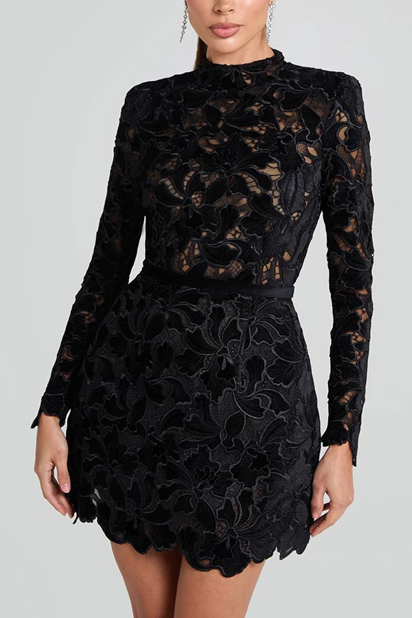 Laila - Embroidered Floral Lace Long Sleeve Belt Tulip Shaped Mini Dress