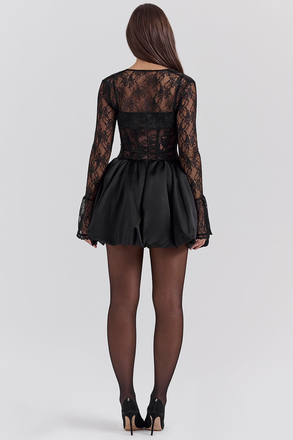 Stella | Black Lace Puffball Mini Dress