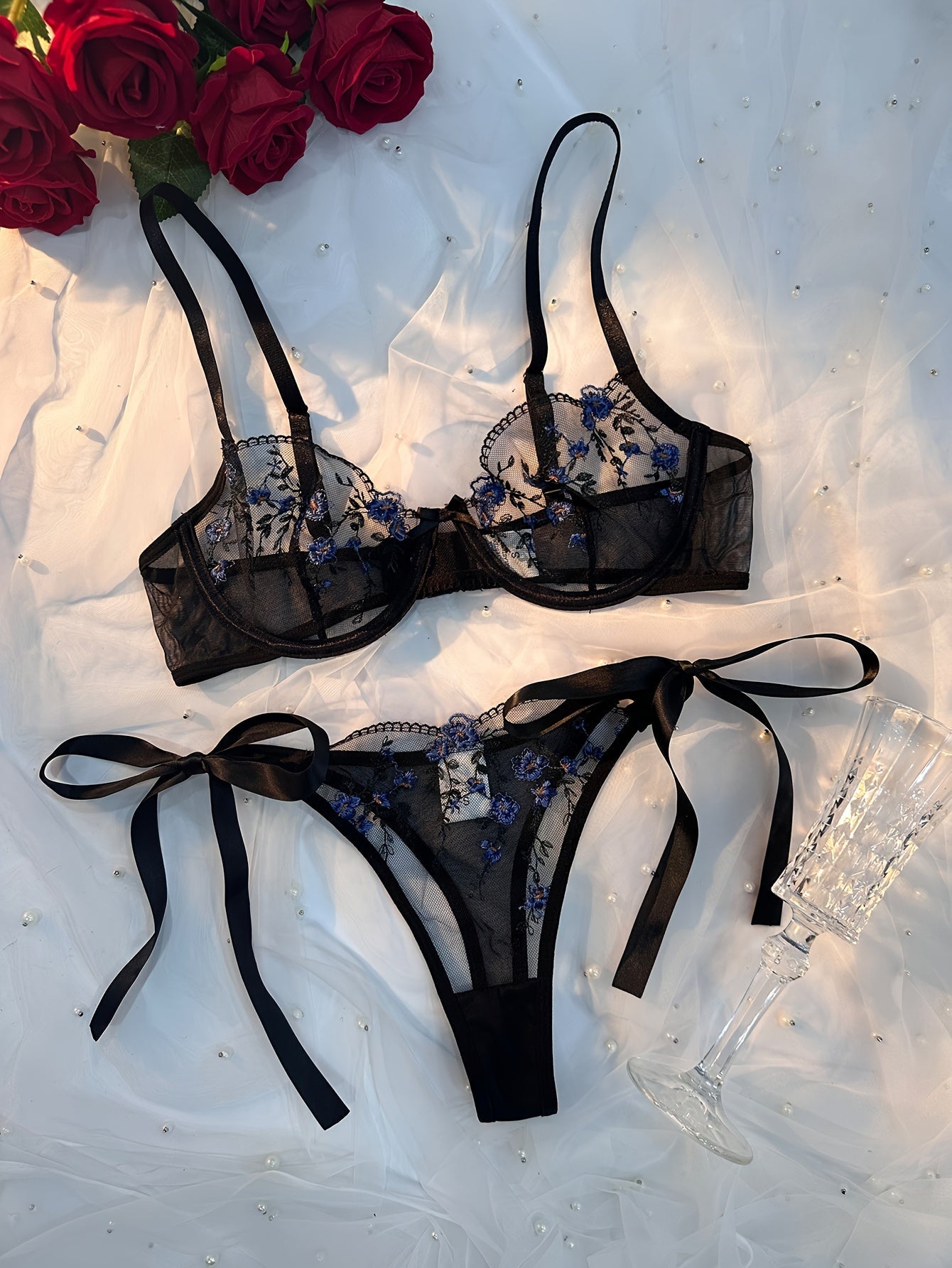 VYNARA - BLACK EMBROIDERED MESH LINGERIE SET