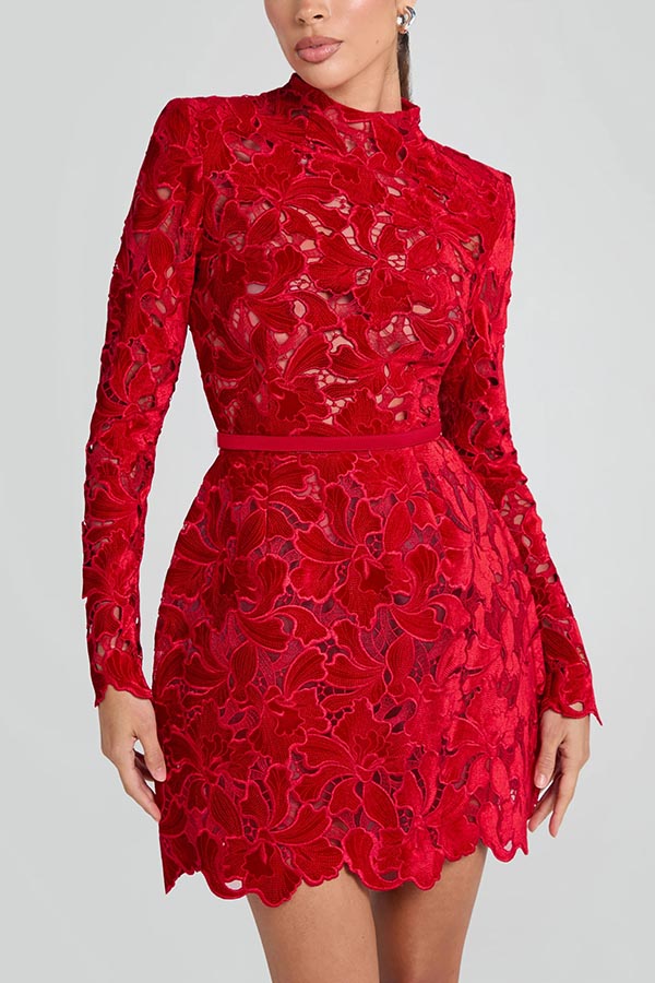 Laila - Embroidered Floral Lace Long Sleeve Belt Tulip Shaped Mini Dress