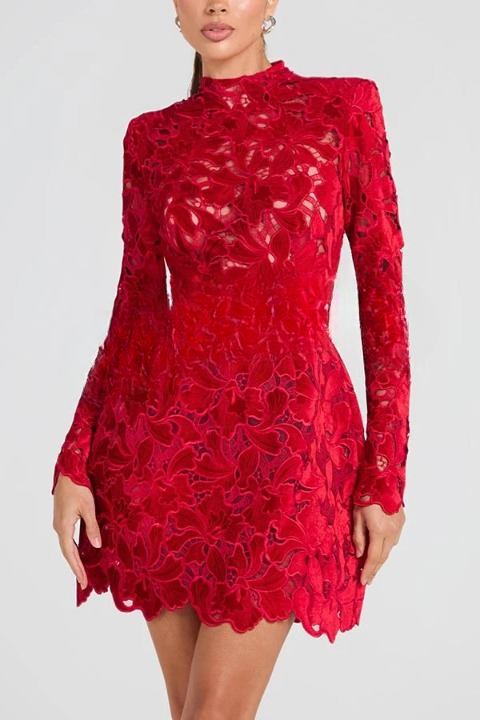 Laila - Embroidered Floral Lace Long Sleeve Belt Tulip Shaped Mini Dress