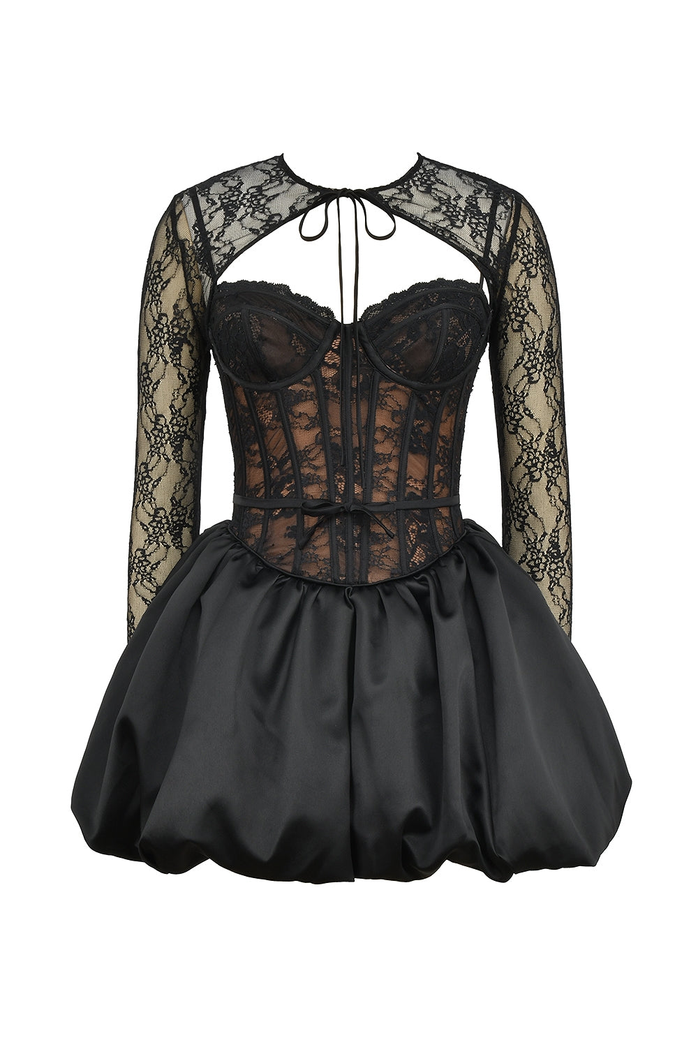 Stella | Black Lace Puffball Mini Dress